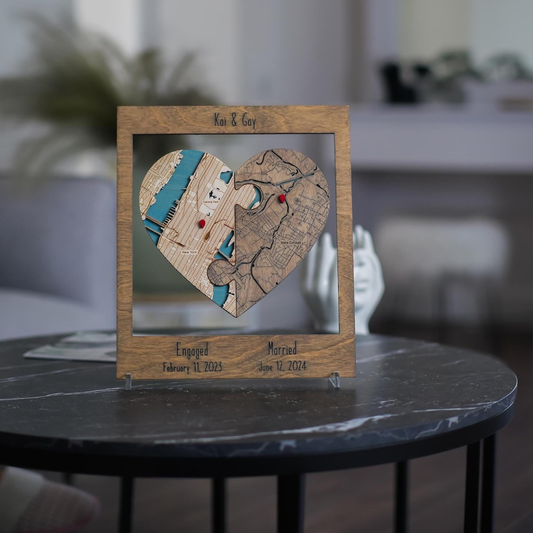„Два свята се срещат в един“ – Персонализирана 3D дървена карта - Сърце с 2 локации